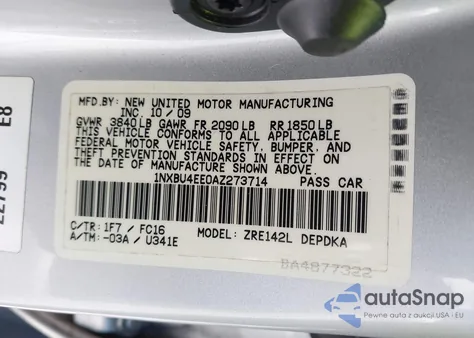 2010 Toyota Corolla Le from USA, damaged, VIN 1NXBU4EE0AZ273714